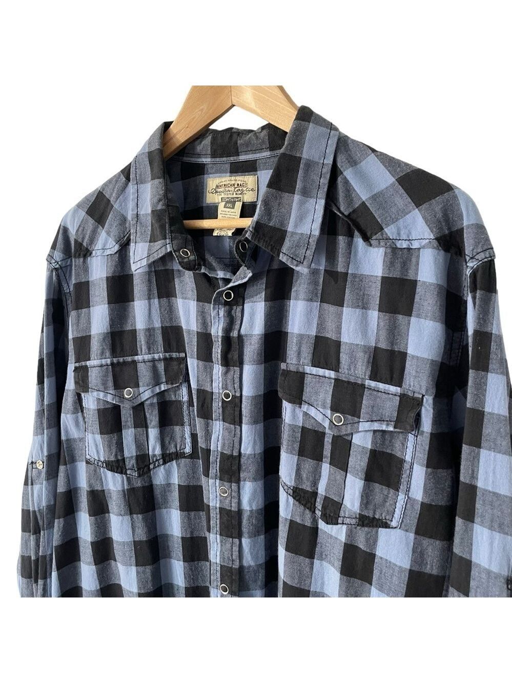 American Rag Button Down Shirt Mens XXL Blue Black Check Western Casual EUC